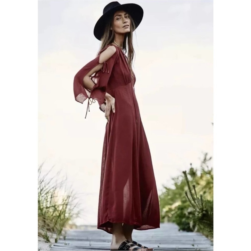 Free People Prettiest Thing Maxi Dress Endless Summer Burgundy Gauze Flare S